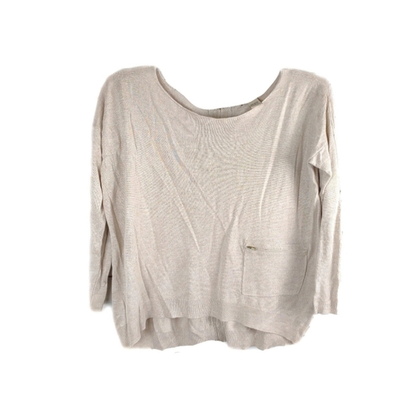 Vertical Design Wmns M Beige Zip Pocket Scoop Neck Full Zip Back Top - Picture 3 of 7